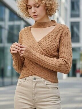 Poof Apparel Cable Knit Wrap Sweater Camel Women's Sz M Choker Neckline Soft